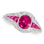 A BURMA NO HEAT RUBY AND DIAMOND RING in platinum, set with a cushion cut ruby of 1.20 carats