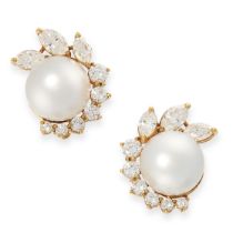 A PAIR OF PEARL AND DIAMOND EARRINGS each set with a pearl of 9.5mm, in a half border of round and