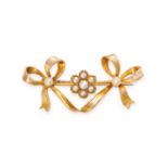 AN ANTIQUE PEARL RIBBON BROOCH in 15ct yellow gold, designed as a ribbon tied with two bows, set