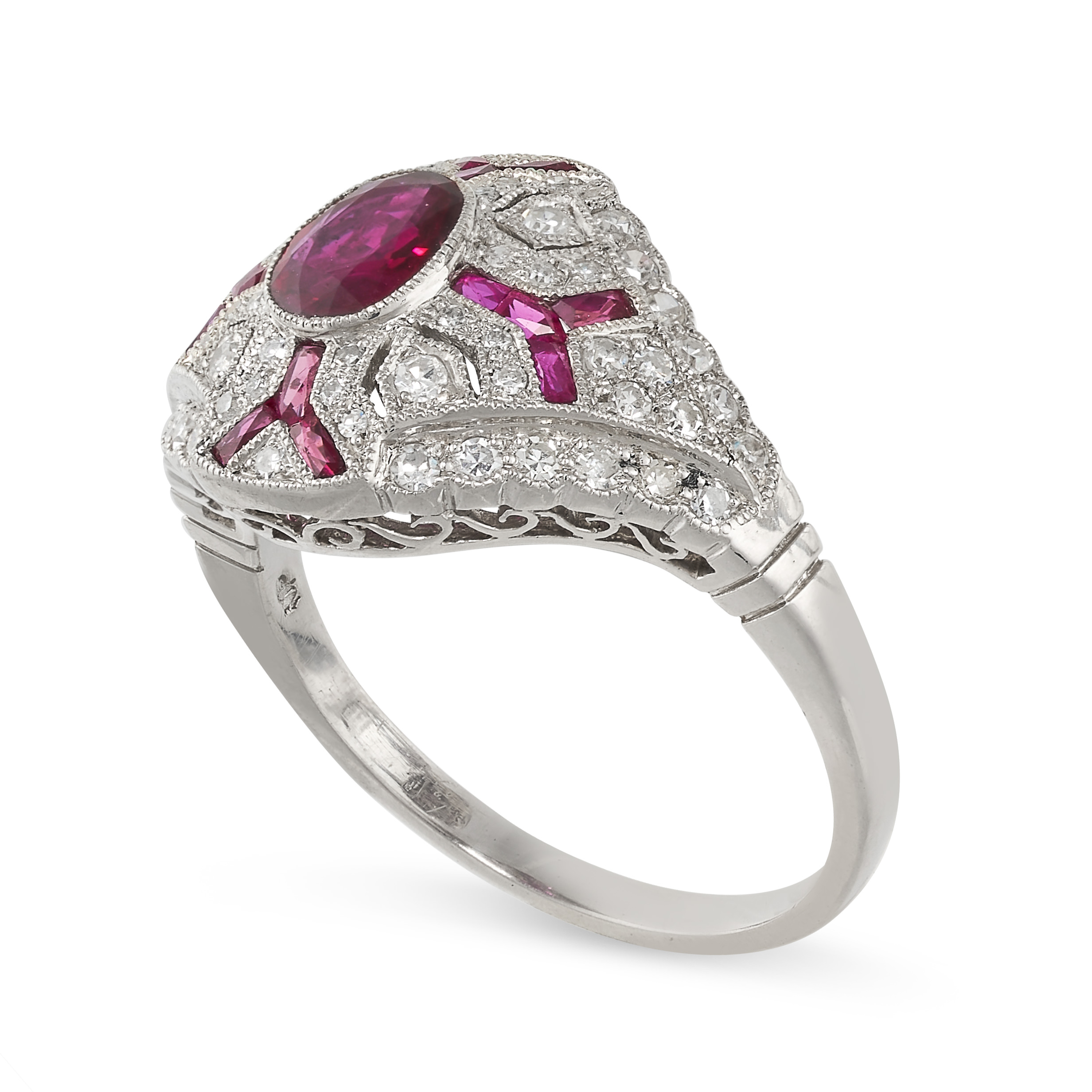 A RUBY AND DIAMOND DRESS RING the tapering face set with a central oval cut ruby, accented by single - Image 2 of 2