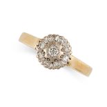 A DIAMOND CLUSTER DRESS RING in 18ct yellow gold, set with round brilliant cut and single cut