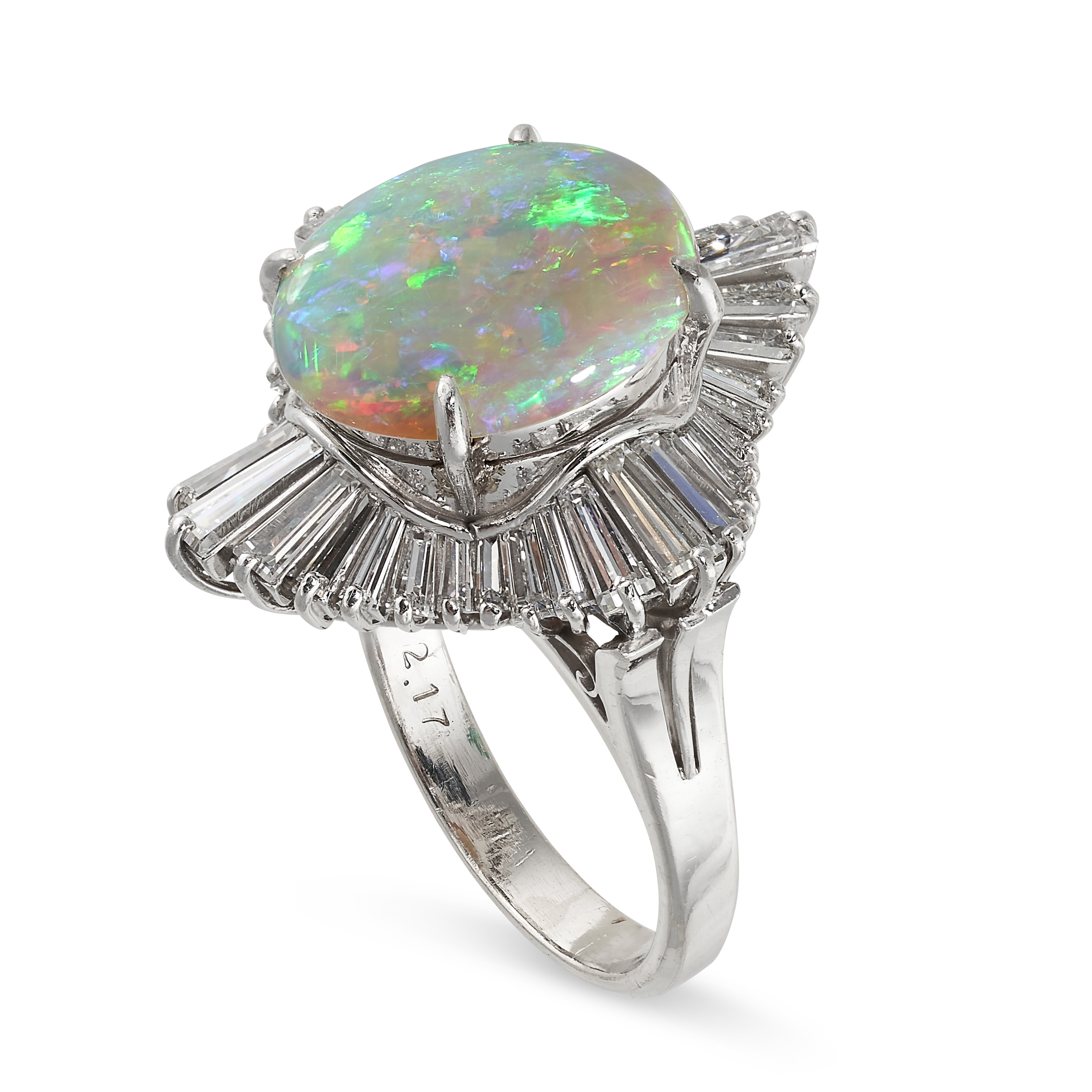 AN OPAL AND DIAMOND BALLERINA RING set with a cabochon opal of 4.48 carats, in a border of - Image 2 of 2