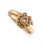A PEARL HORSESHOE DRESS RING in 15ct yellow gold, the openwork band of slightly adjustable size,