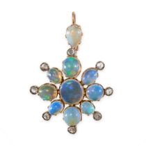 ANTIQUE OPAL AND DIAMOND PENDANT in yellow gold and silver, designed as a flower or snowflake, set