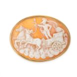A SHELL CAMEO BROOCH in 18ct yellow gold, the oval body set with a shell cameo carved to depict a