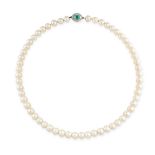A PEARL, EMERALD AND DIAMOND NECKLACE comprising of a single row of pearls of 6mm, the clasp set