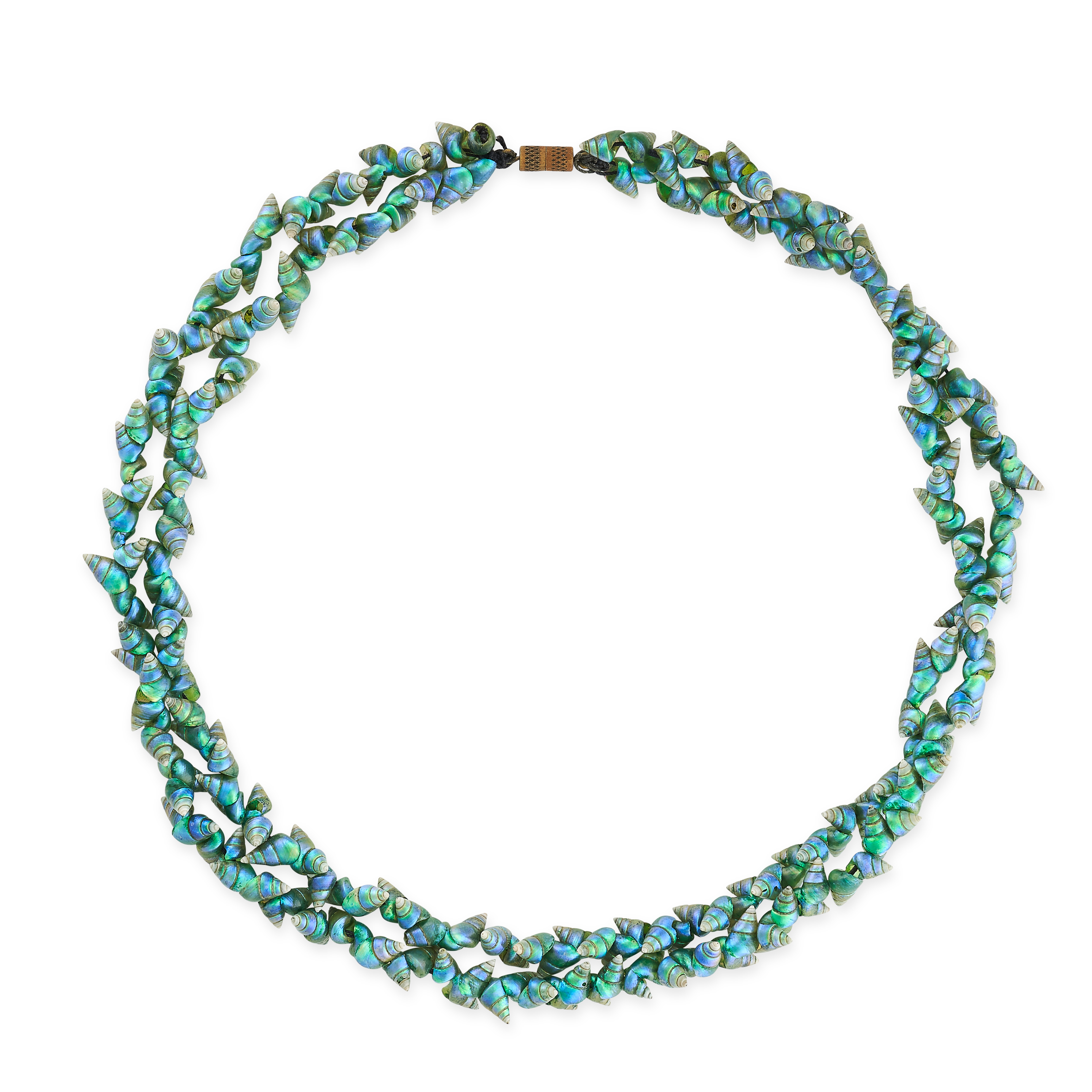 A VINTAGE SHELL NECKLACE comprising two rows of small iridescent shells, no assay marks, 42.5cm,