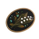 AN ANTIQUE HARDSTONE PIETRA DURA FLOWER BROOCH, 19TH CENTURY the oval body formed of a micromosaic
