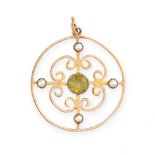 AN ANTIQUE PERIDOT AND PEARL PENDANT in 9ct yellow gold, the circular openwork body set with a round