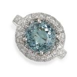 AN AQUAMARINE AND DIAMOND RING in platinum, set with a round cut aquamarine of 4.05 carats in a