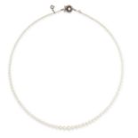 A PEARL AND DIAMOND NECKLACE comprising of a single row of pearls ranging from 2.2mm 5.6mm, the