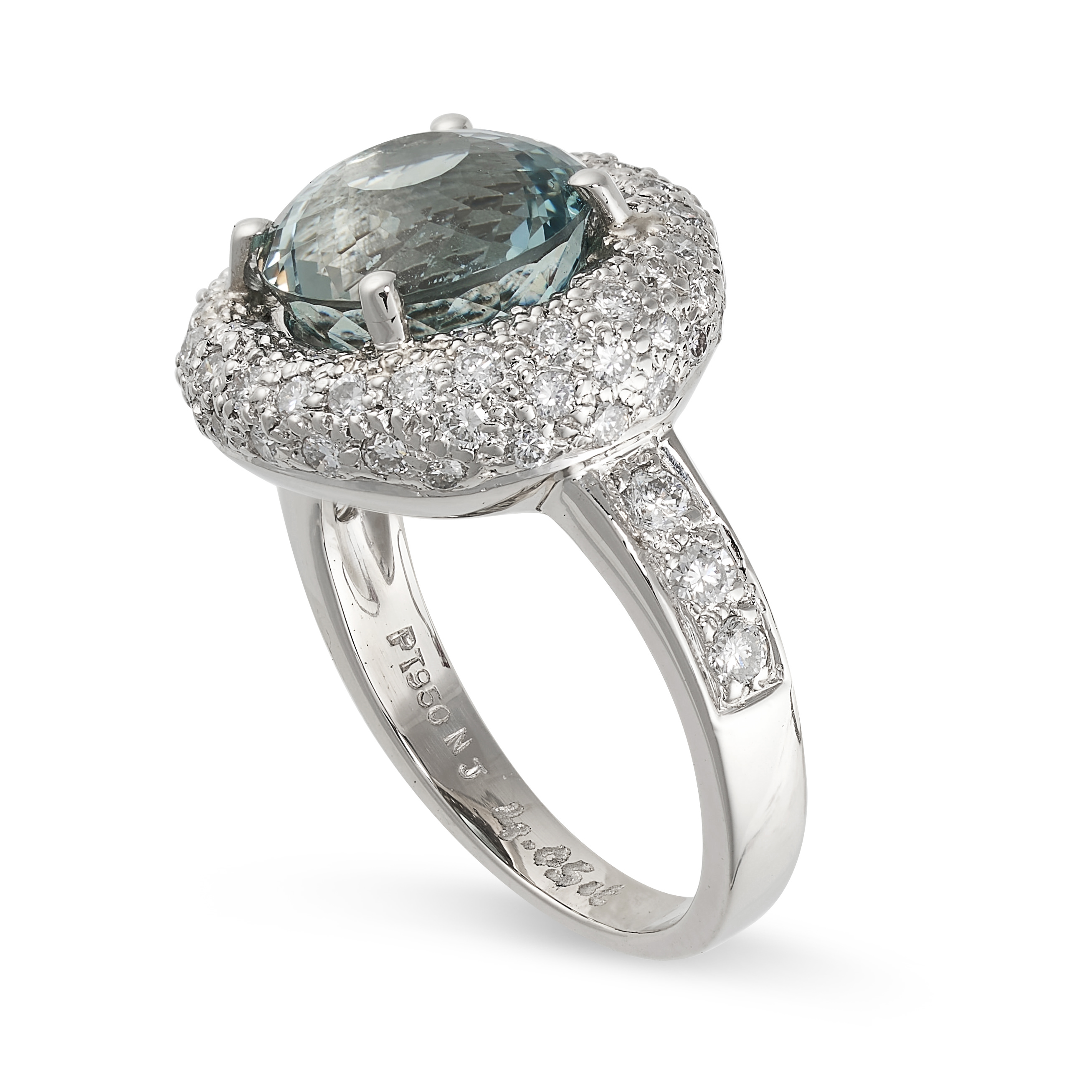 AN AQUAMARINE AND DIAMOND RING in platinum, set with a round cut aquamarine of 4.05 carats in a - Image 2 of 2