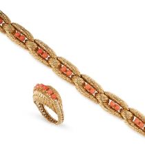 A VINTAGE CORAL BRACELET AND RING SUITE, CARTIER PARIS in 18ct yellow gold, the bracelet formed of a