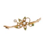 AN ANTIQUE PEARL AND DEMANTOID GARNET BROOCH, CIRCA 1900 in 15ct yellow gold, designed as a
