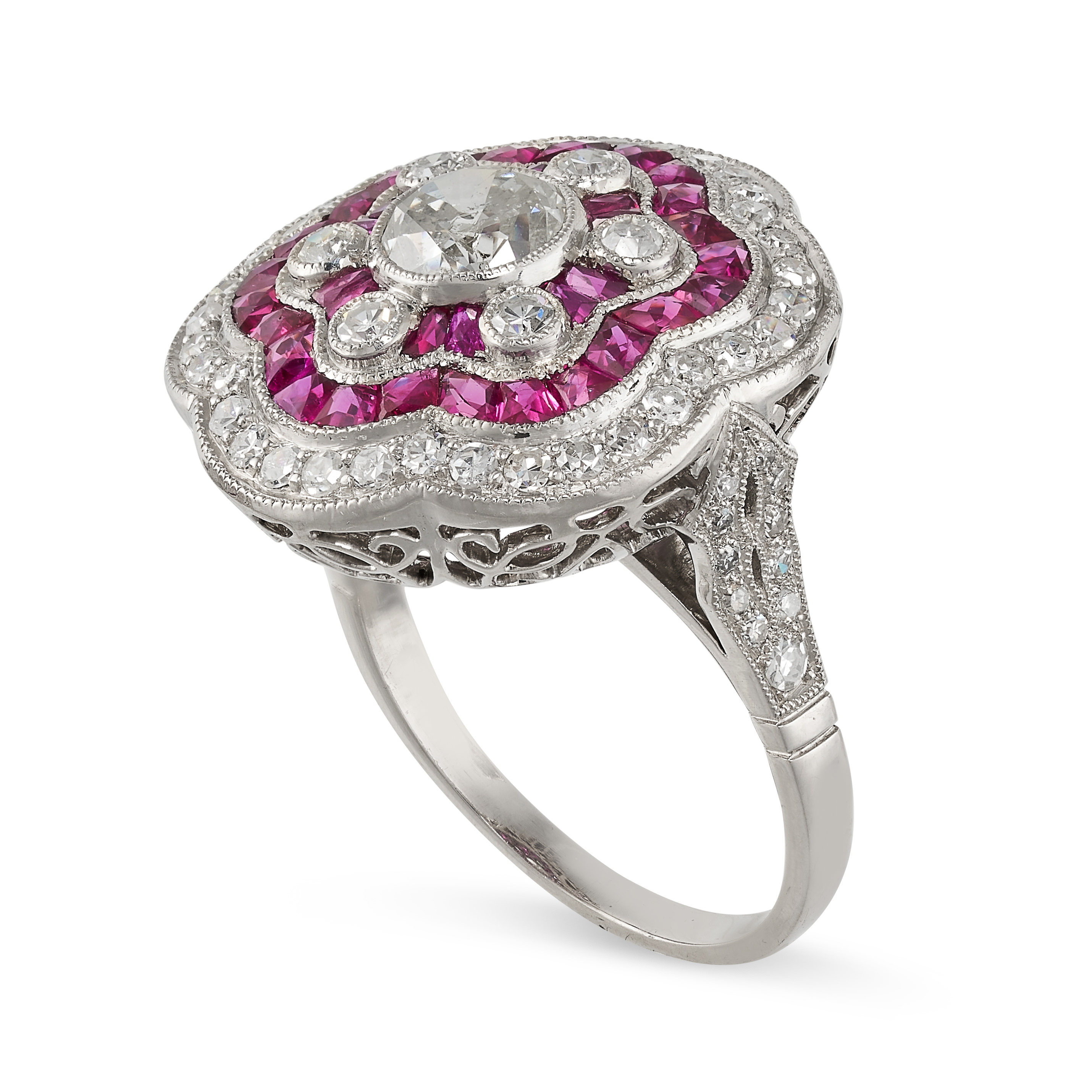 A RUBY AND DIAMOND DRESS RING set with a principal old cut diamond of approximately 0.55 carats in a - Image 2 of 2