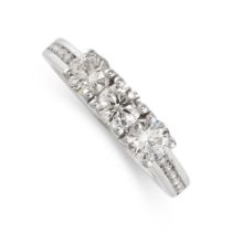 A DIAMOND THREE STONE RING in 18ct white gold, set with three brilliant cut diamonds on a band set
