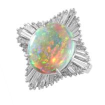 AN OPAL AND DIAMOND BALLERINA RING set with a cabochon opal of 4.48 carats, in a border of