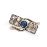 A SAPPHIRE AND DIAMOND DRESS RING in 18ct yellow gold and platinum, set with a round cut blue