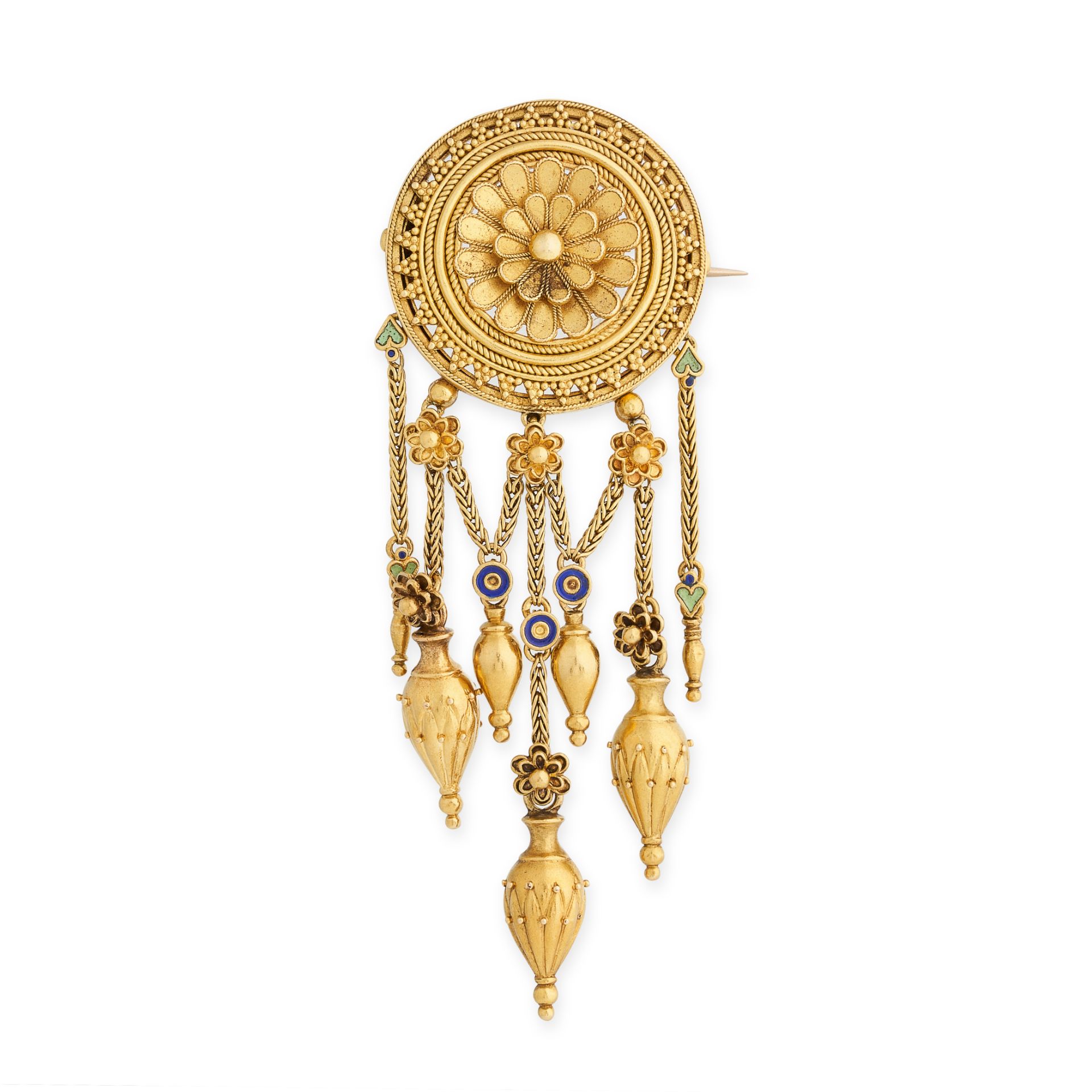 AN ANTIQUE ENAMEL BROOCH, CASTELLANI 19TH CENTURY in yellow gold, in the Etruscan revival manner,