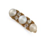 AN ANTIQUE PEARL AND DIAMOND DRESS RING in 18ct yellow gold, set with a trio of pearls, accented