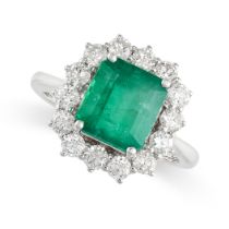 AN EMERALD AND DIAMOND CLUSTER RING set with a step cut emerald of approximately 3.7 carats in a
