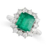 AN EMERALD AND DIAMOND CLUSTER RING set with a step cut emerald of approximately 3.7 carats in a