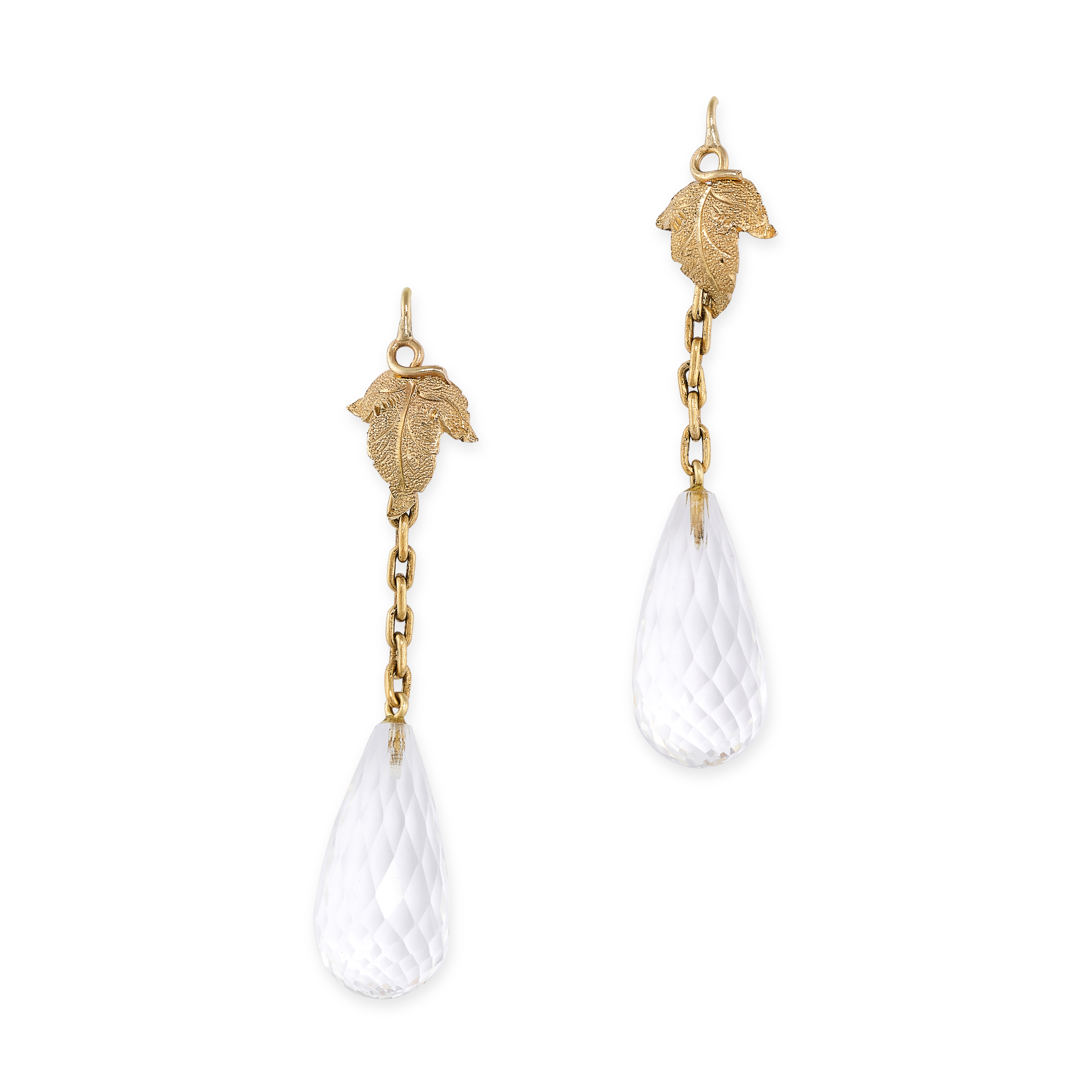 A PAIR OF ROCK CRYSTAL DROP EARRINGS in yellow gold, each set with a faceted rock crystal