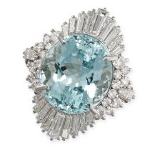 AN AQUAMARINE AND DIAMOND RING in platinum, set with an oval cut aquamarine of 8.99 carats in a