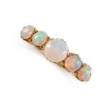 AN OPAL DRESS RING in yellow gold, set with five graduated round cabochon opals, stamped 18, later