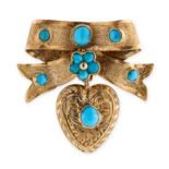 A TURQUOISE SWEETHEART LOCKET RING, 19TH CENTURY AND LATER in yellow gold, designed as a ribbon tied