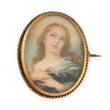 AN ANTIQUE PAINTED PORTRAIT MINIATURE BROOCH in yellow gold, set with an oval painted miniature