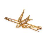 AN ANTIQUE PEARL SWALLOW / BIRD BROOCH in yellow gold, the plain bar applied with a swallow in
