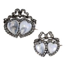 AN EXQUISITE PAIR OF ANTIQUE MOONSTONE AND DIAMOND SWEETHEART BROOCHES, 19TH CENTURY in yellow