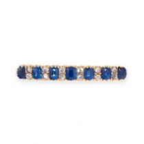 AN ANTIQUE SAPPHIRE AND DIAMOND BAR BROOCH, 19TH CENTURY in yellow gold, set with seven graduated