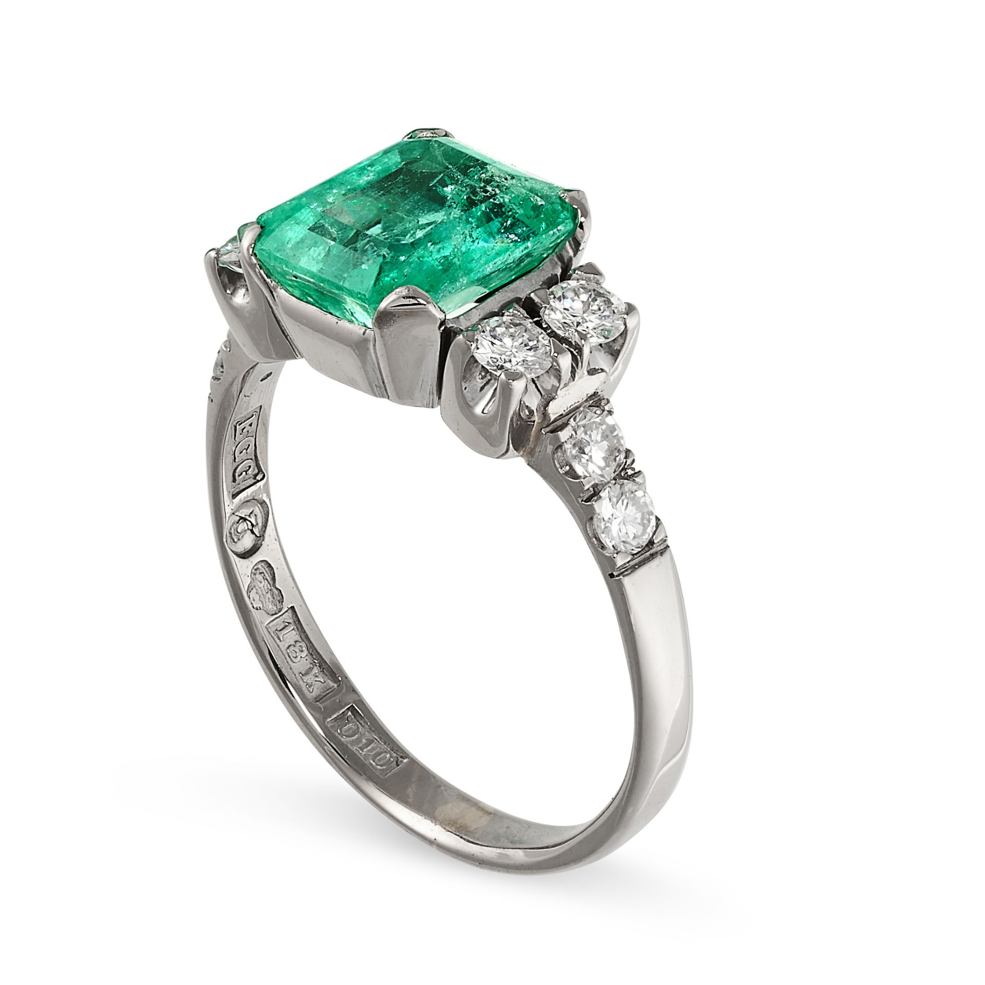 A COLOMBIAN EMERALD AND DIAMOND RING in 18ct white gold, set with an octagonal cut emerald of 1.47 - Image 2 of 2