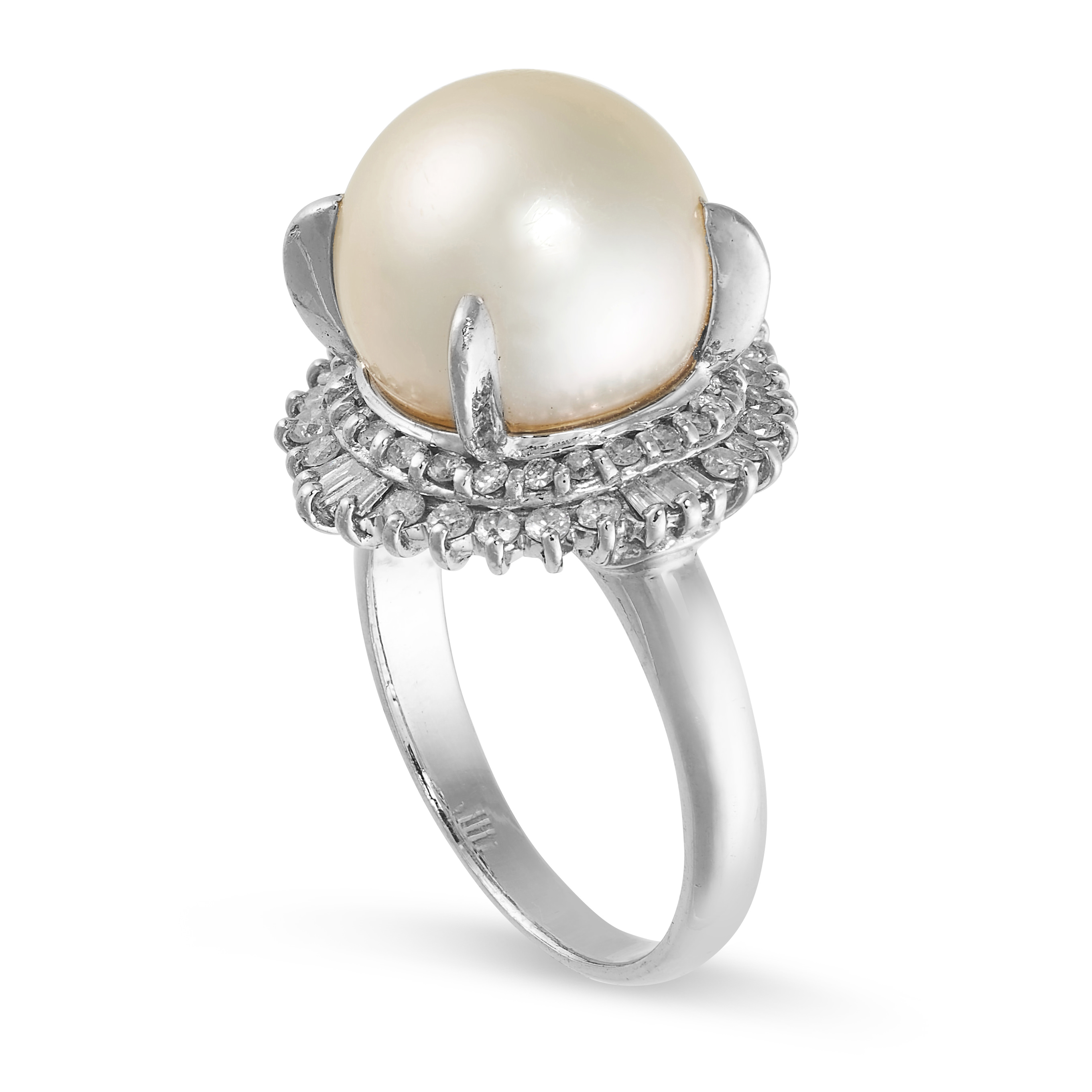 A PEARL AND DIAMOND DRESS RING set with a pearl of 11.5mm in a border of brilliant and tapering - Image 2 of 2