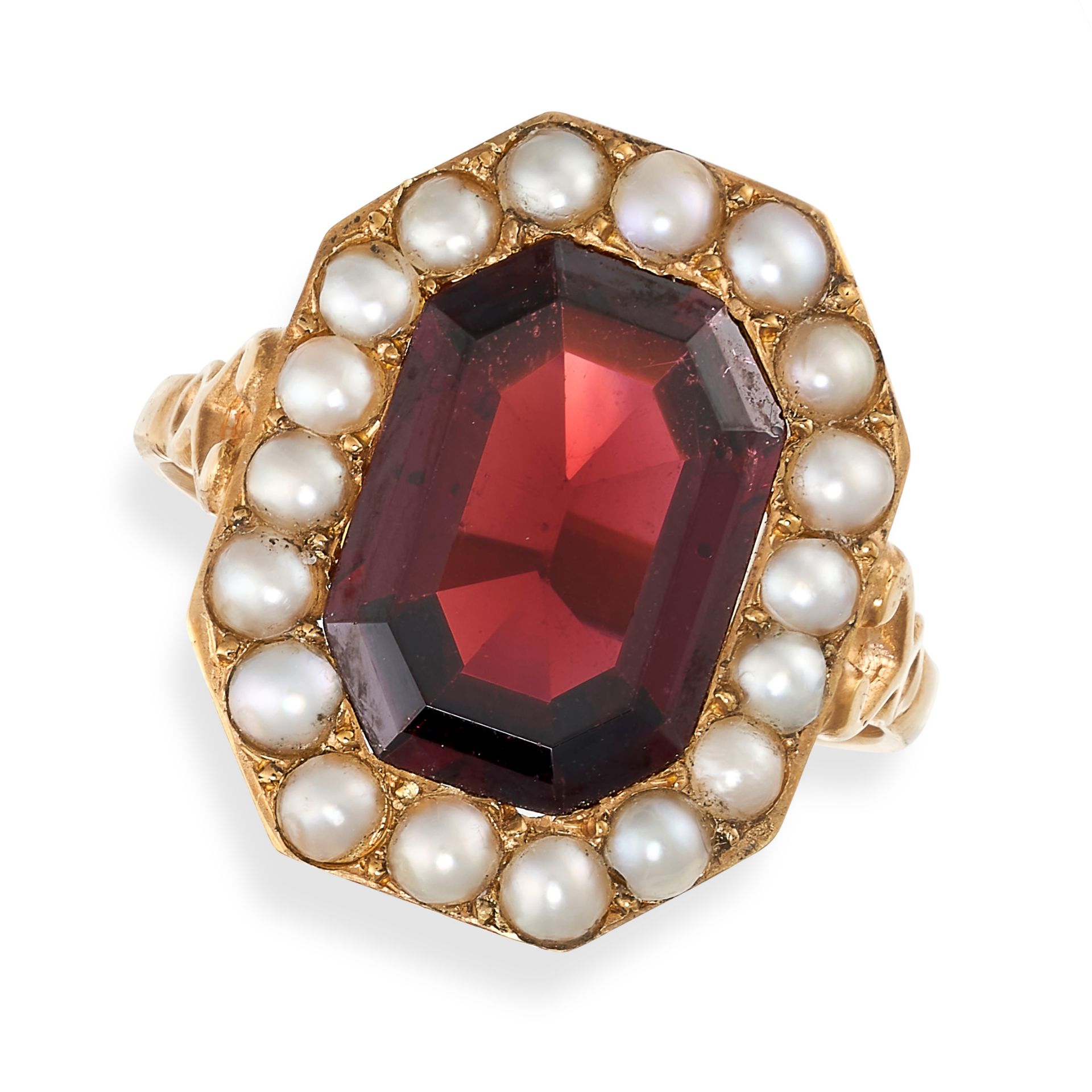 A GARNET AND PEARL CLUSTER RING set with an octagonal step cut almandine garnet weighing