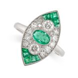 AN ART DECO STYLE EMERALD AND DIAMOND RING the navette face set with oval and calibre-cut emeralds