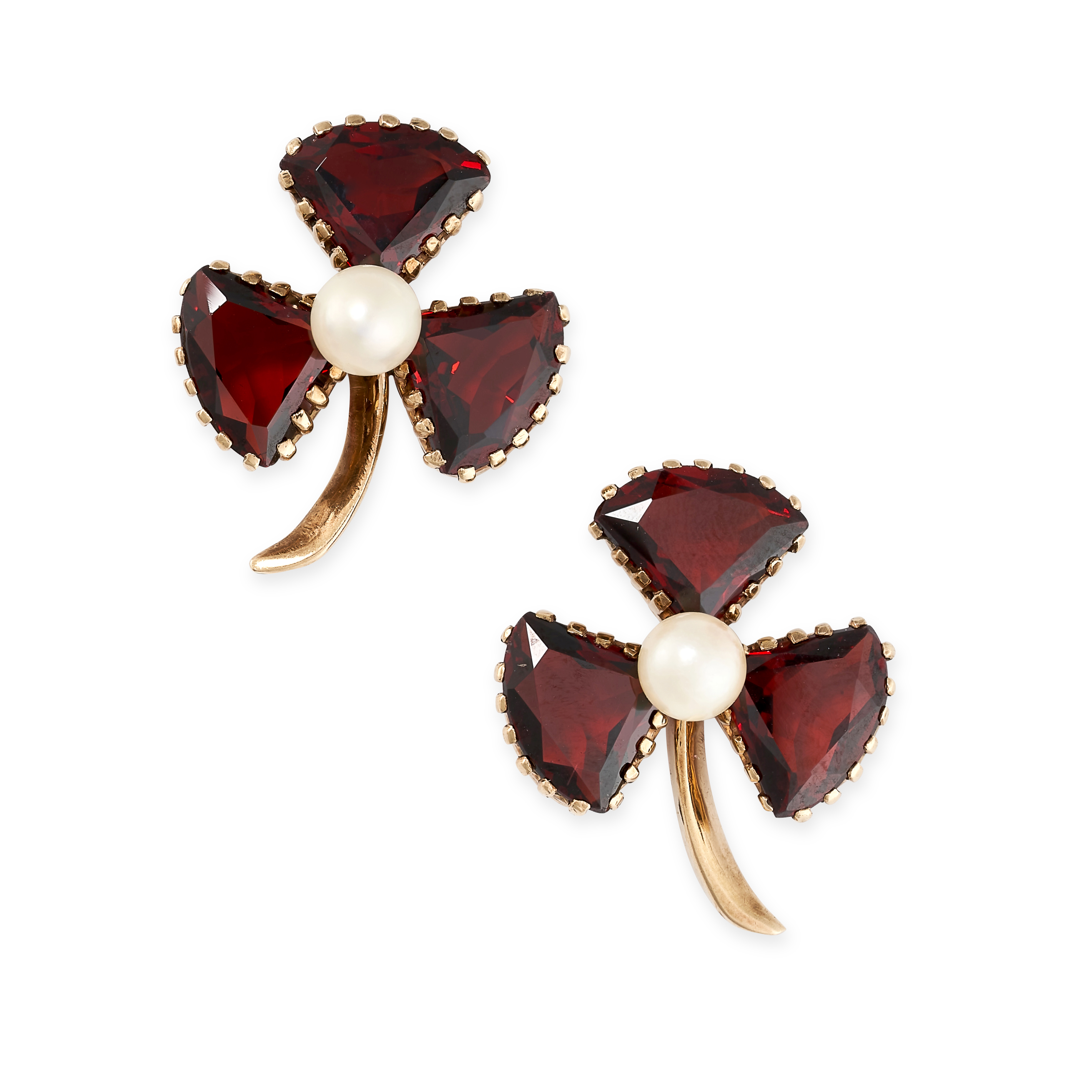 A PAIR OF PEARL AND GARNET SHAMROCK EARRINGS in yellow gold, each designed as a three leaf clover,