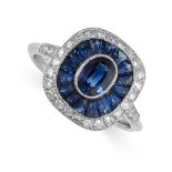 AN ART DECO STYLE SAPPHIRE AND DIAMOND TARGET RING set with an oval cut sapphire in a border of
