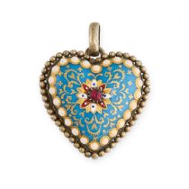 AN ANTIQUE ENAMEL AND PASTE LOCKET PENDANT in silver, designed as a heart, the hinged body