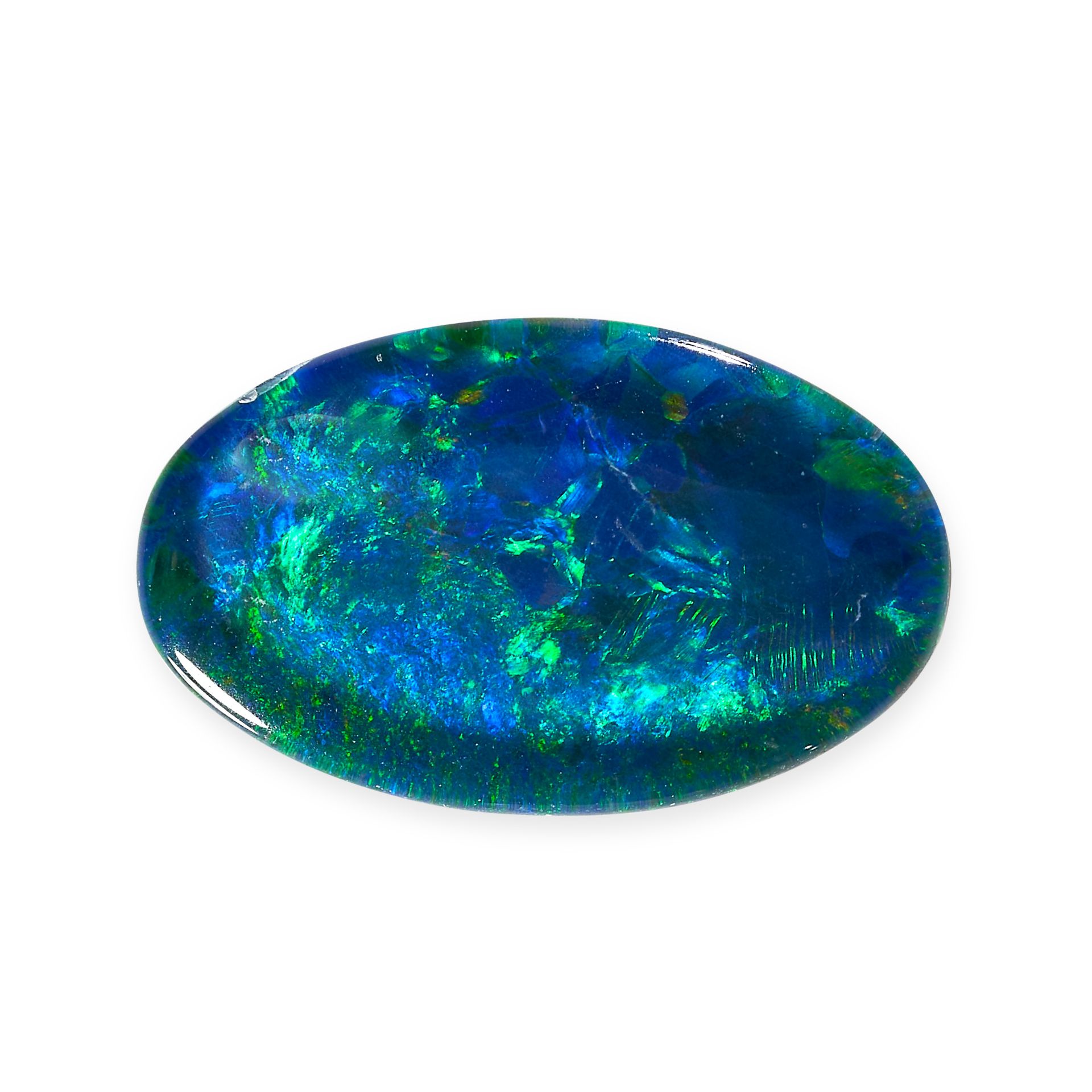 AN UNMOUNTED BLACK OPAL TRIPLET cabochon cut, 16mm x 10mm.