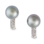 A PAIR OF DIAMOND AND PEARL EARRINGS each set with a Tahitian pearl of 10.7mm, accented by brilliant