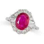 A RUBY AND DIAMOND CLUSTER RING set with an oval cut ruby of 1.95 carats in a cluster of round and