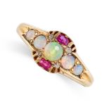 AN ANTIQUE OPAL, RUBY AND DIAMOND RING in 18ct yellow gold, set with a row of five graduated