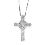 A DIAMOND CROSS PENDANT NECKLACE set with round and baguette cut diamonds, all totalling 1.40-1.60