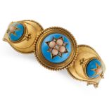 AN ANTIQUE ARCHAEOLOGICAL REVIVAL STYLE CORAL, BLUE ENAMEL AND DIAMOND BANGLE, MID 19TH CENTURY in