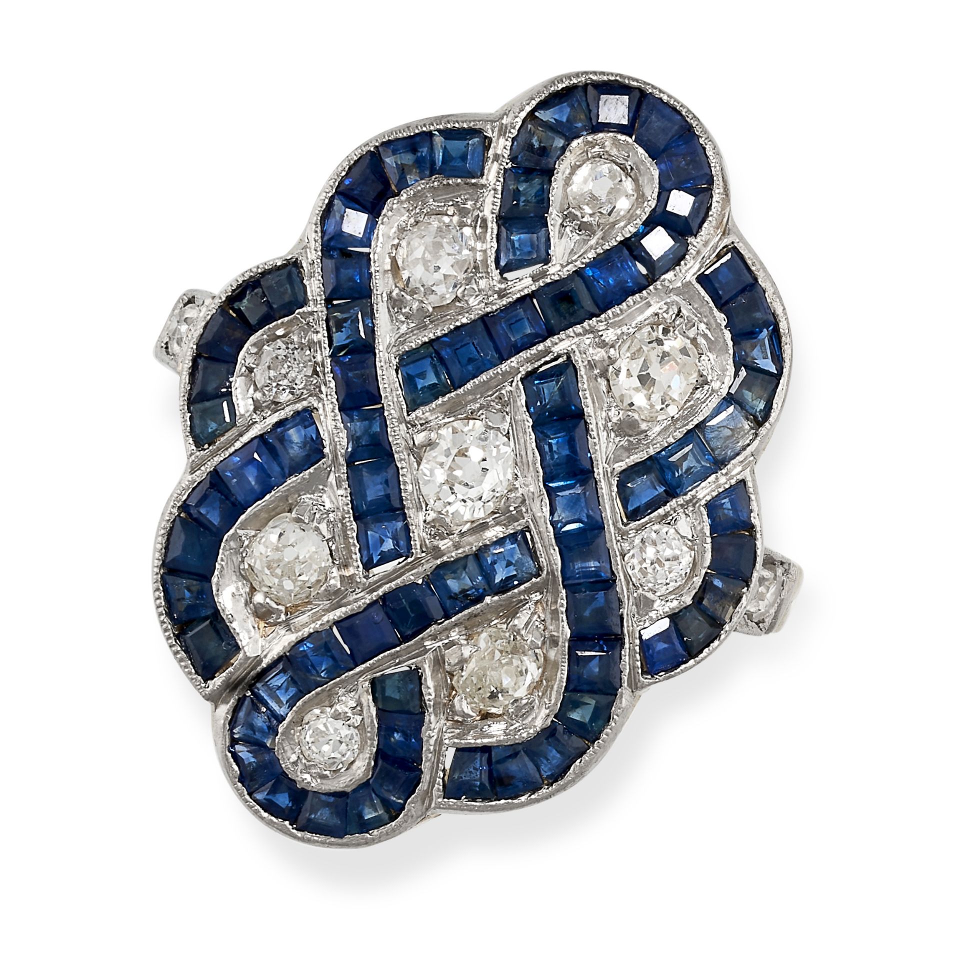 A SAPPHIRE AND DIAMOND RING set with eight old cut diamonds within scrolling design of step cut