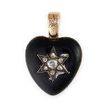 AN ANTIQUE DIAMOND AND ENAMEL HEART LOCKET PENDANT the heart shaped locket set with a cluster of