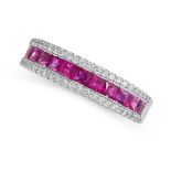 A RUBY AND DIAMOND BAND RING set with a row of French cut rubies between two rows of round cut